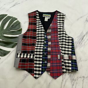 Against Gravity Womens Vintage 90s Vest Size M Petite Mixed Plaid Silk Red Blue